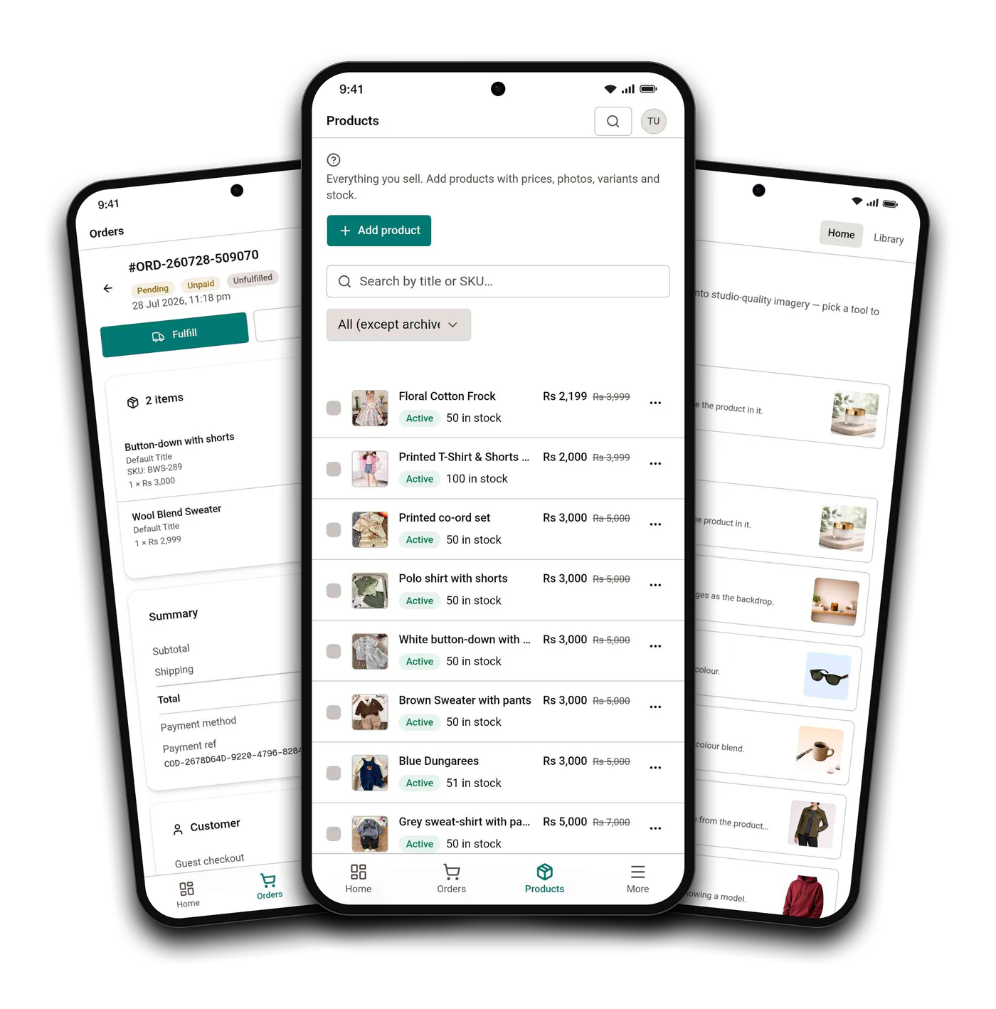 The Storecrafto Admin app on Android: the products list, an order and AI Studio
